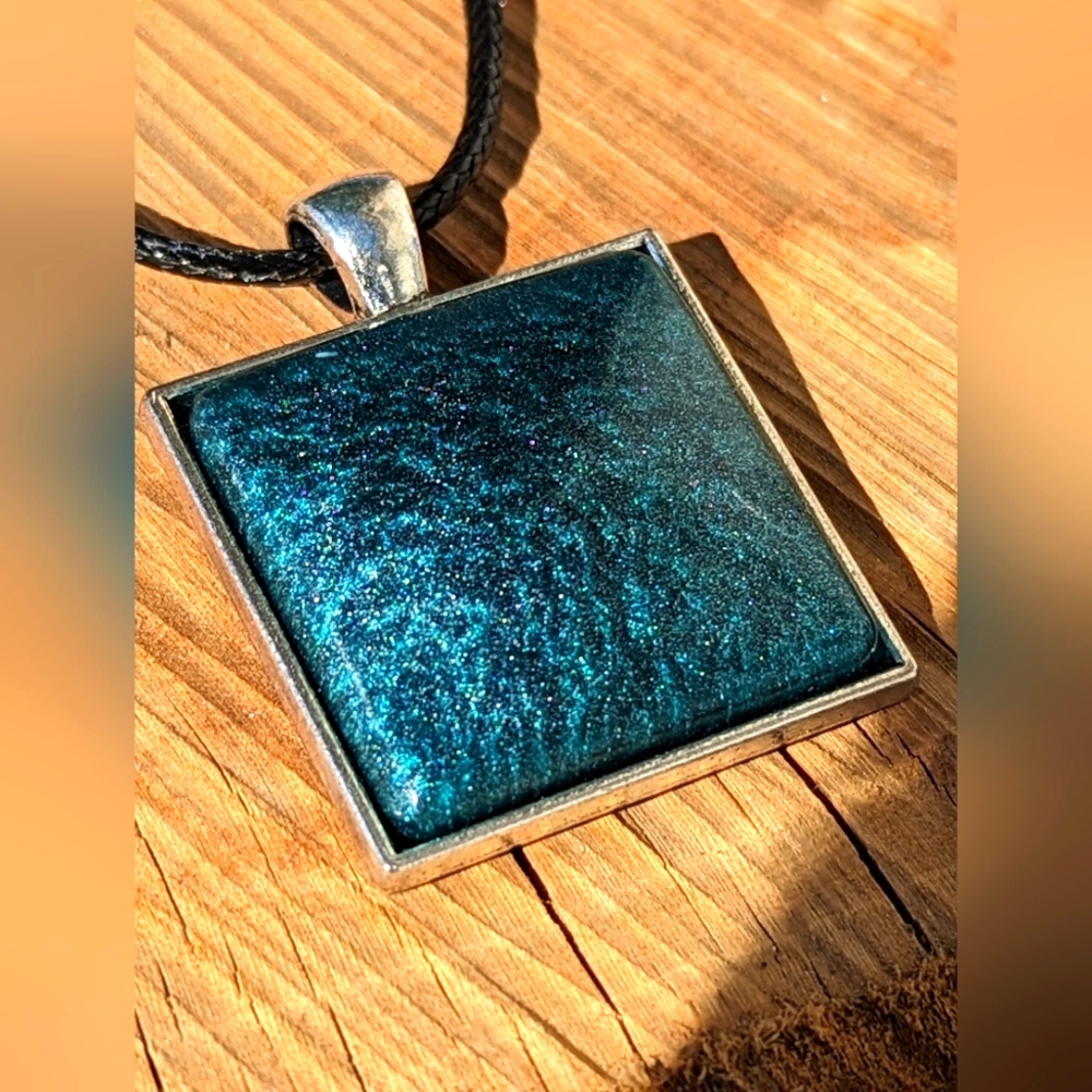 Hand Crafted resin square and leather cord 18 inch blue/silver